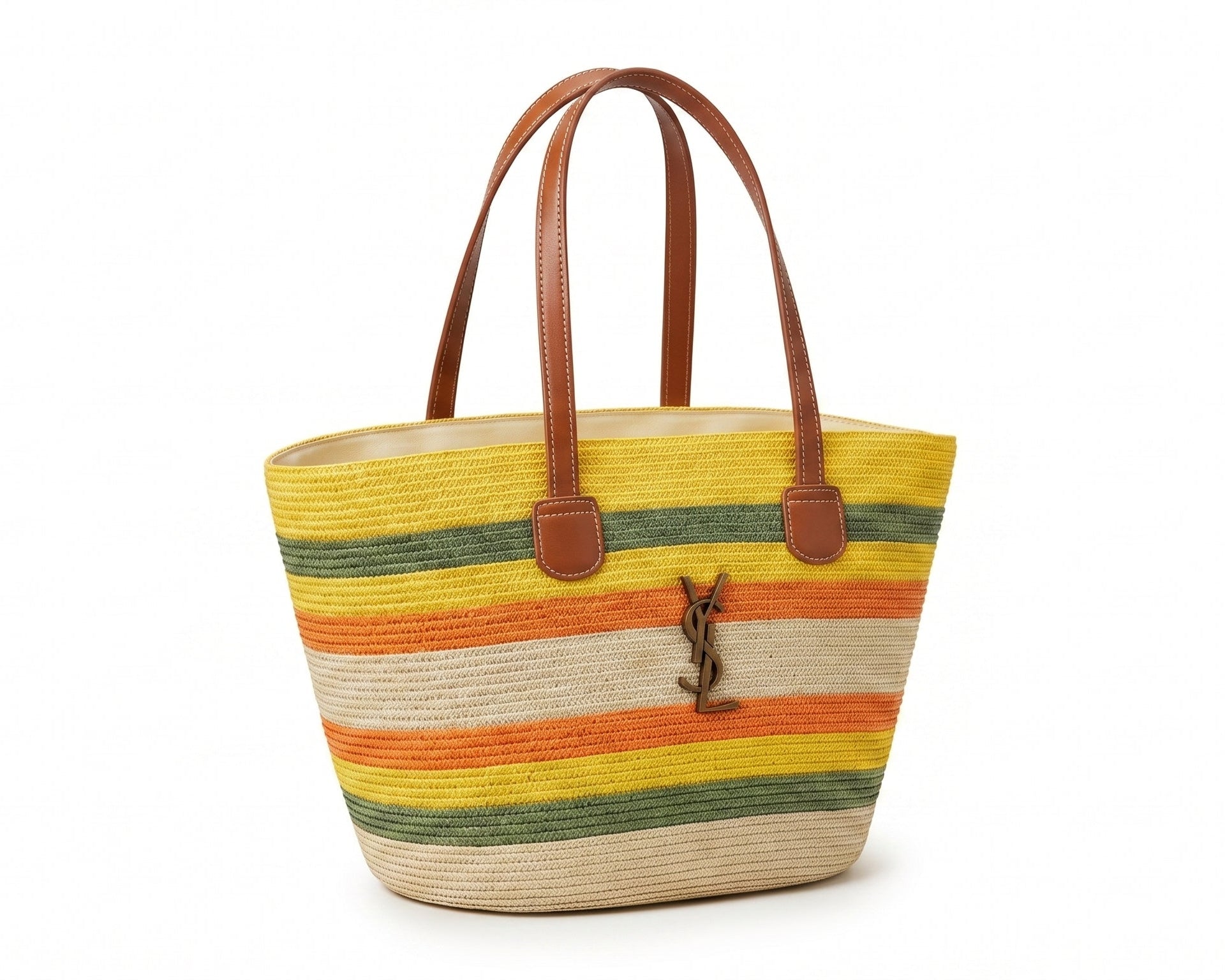 SAINT LAURENT Panier large leather-trimmed raffia tote Bag Woman YSL 209 Yellow