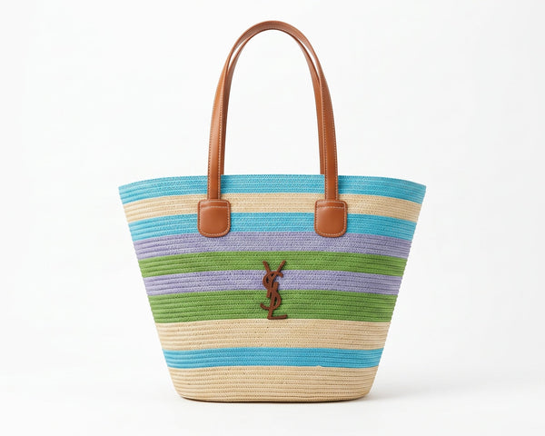 SAINT LAURENT Panier large leather-trimmed raffia tote Bag Woman YSL 209 Blue