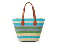 SAINT LAURENT Panier large leather-trimmed raffia tote Bag Woman YSL 209 Blue