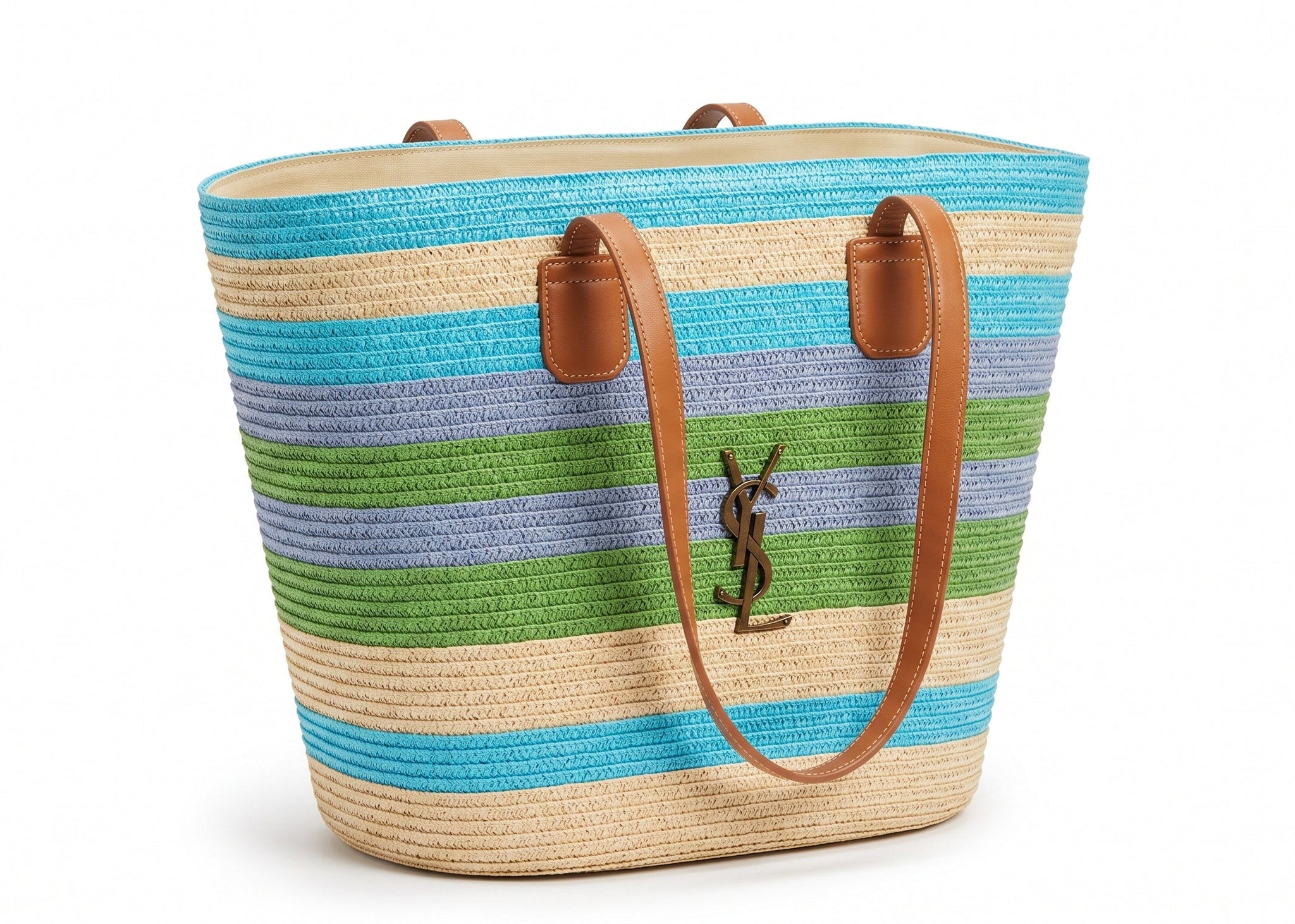 SAINT LAURENT Panier large leather-trimmed raffia tote Bag Woman YSL 209 Blue