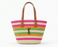 SAINT LAURENT Panier large leather-trimmed raffia tote Bag Woman YSL 209 Fuchsia