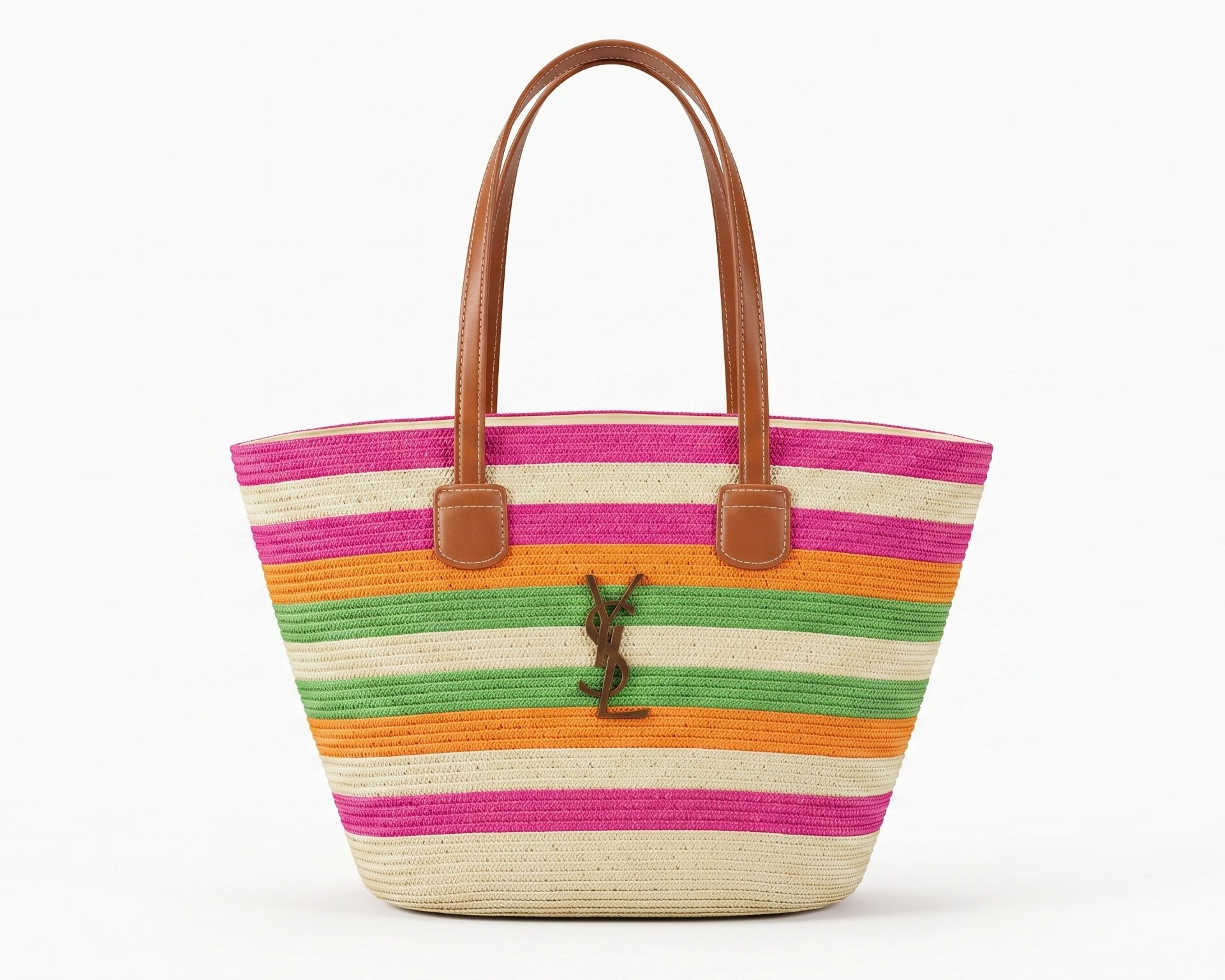 SAINT LAURENT Panier large leather-trimmed raffia tote Bag Woman YSL 209 Fuchsia