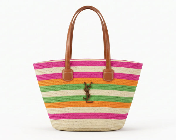 SAINT LAURENT Panier large leather-trimmed raffia tote Bag Woman YSL 209 Fuchsia