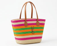 SAINT LAURENT Panier large leather-trimmed raffia tote Bag Woman YSL 209 Fuchsia