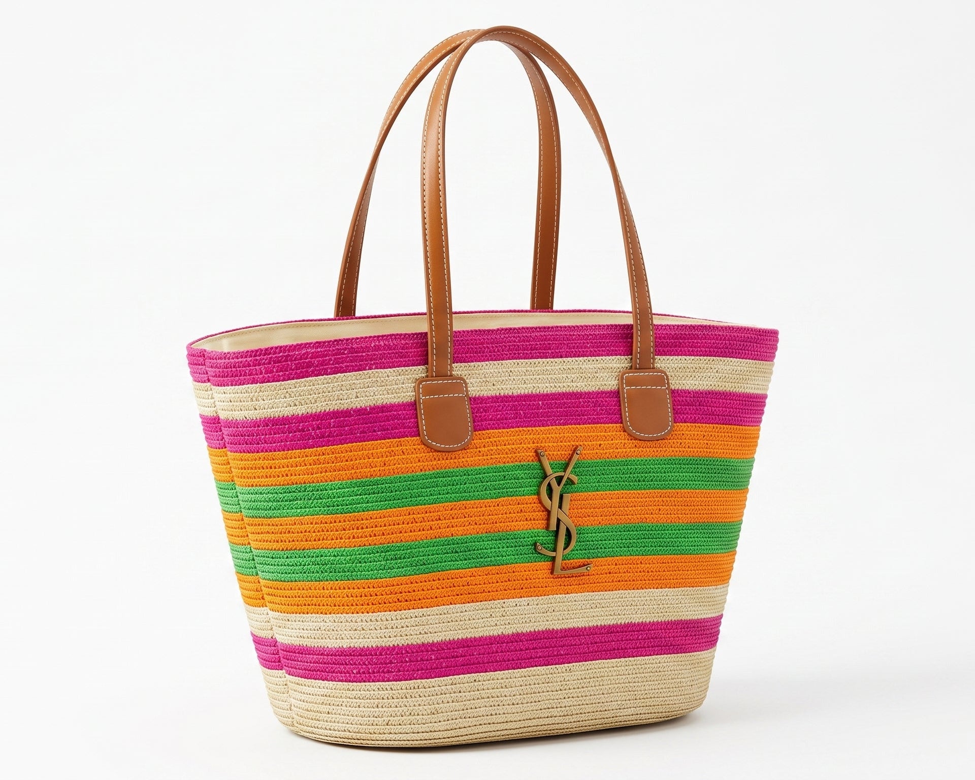 SAINT LAURENT Panier large leather-trimmed raffia tote Bag Woman YSL 209 Fuchsia