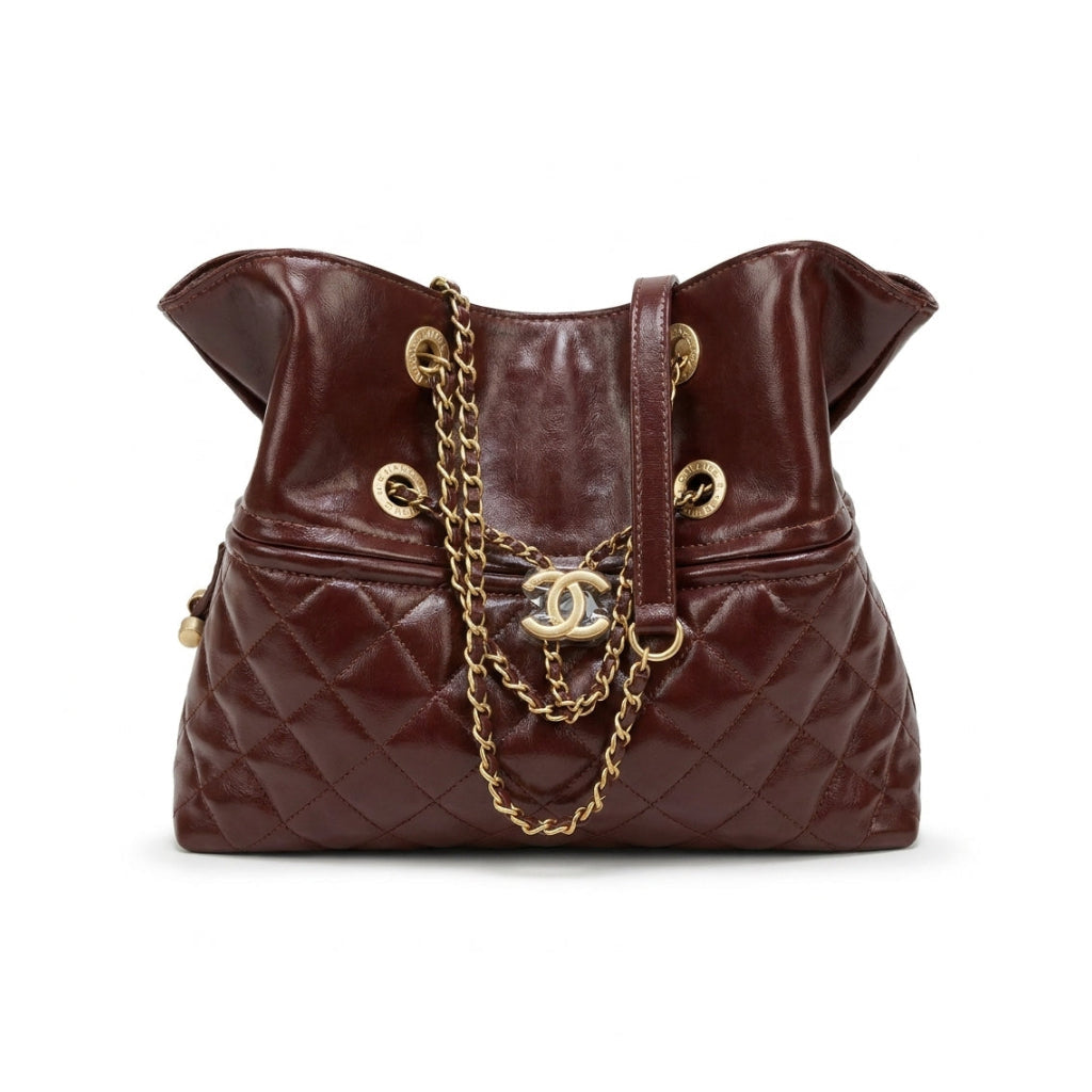 Chanel Quilted Leather Drawstring Shopping Tote Bag Mirror Woman Length 25 cm - Width 30 cm AS6111 Coffee