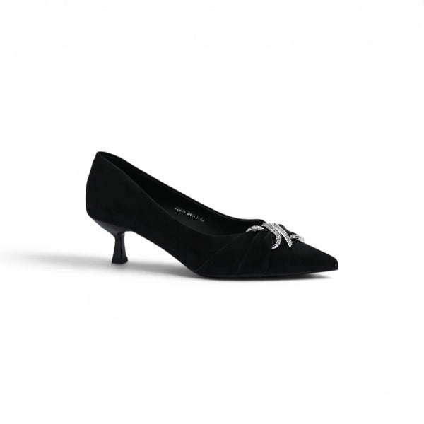 Pointed Stiletto Heel Shoes In Faux Suede Crystal embellished Pump Woman 25261 Black