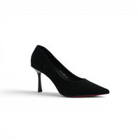 Faux Suede Pointed Stiletto Heel Shoes decorated With Crystals From Behind Woman 25275 Black