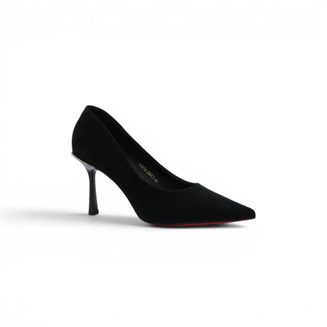 Faux Suede Pointed Stiletto Heel Shoes decorated With Crystals From Behind Woman 25275 Black