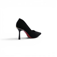 Faux Suede Pointed Stiletto Heel Shoes decorated With Crystals From Behind Woman 25275 Black