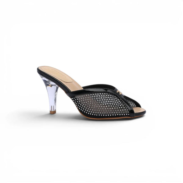 Chanel Crystal Embellished Open Toe Heels With Rhinestones And Clear 898-5 Black