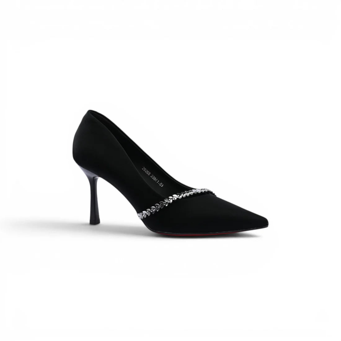 Pointed Stiletto Heel Shoes In Faux Suede Crystal embellished Pump Woman 25255 Black