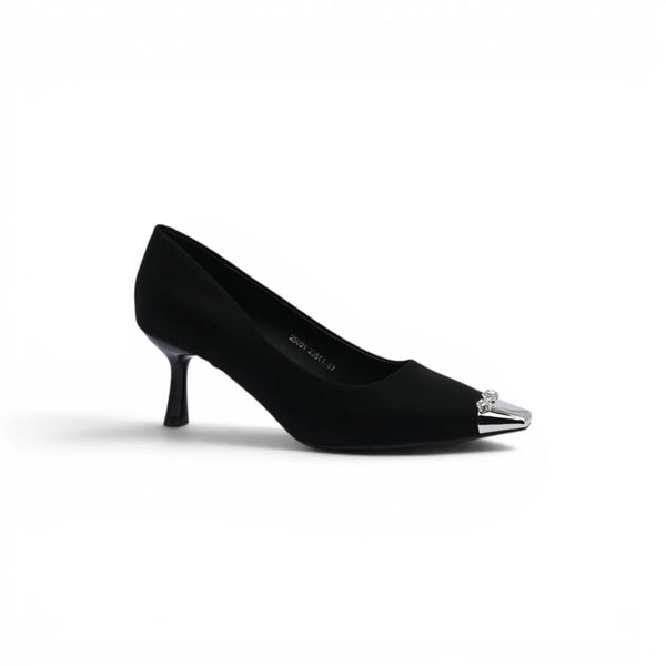Pointed Stiletto Heel Shoes In Faux Suede Crystal embellished Pump Woman 25091 Black