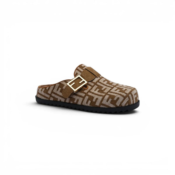Fendi Fabric Jacquard Nappa FF Sabot Mules Feel Slippers Woman 985-2 Khaki