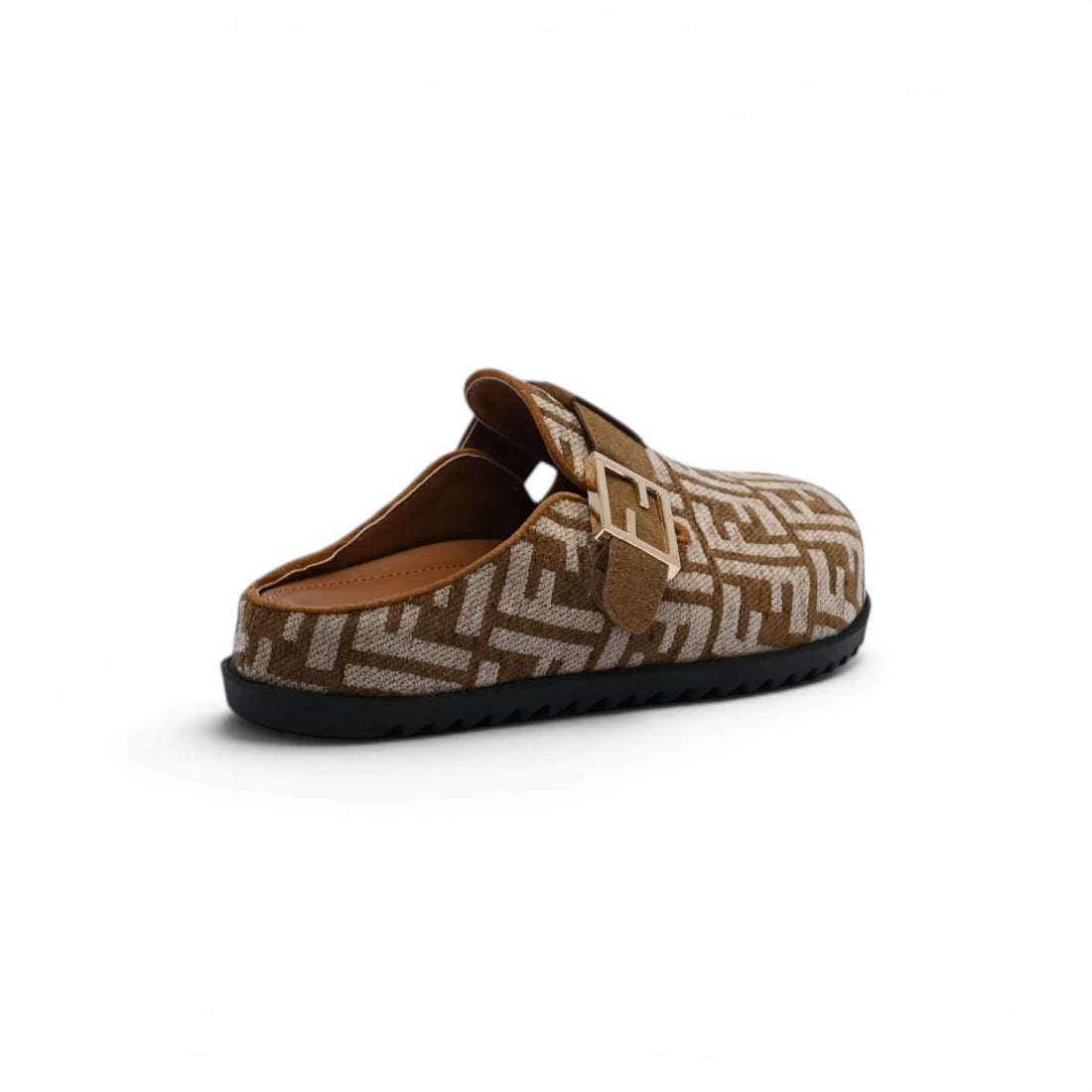 Fendi Fabric Jacquard Nappa FF Sabot Mules Feel Slippers Woman 985-2 Khaki