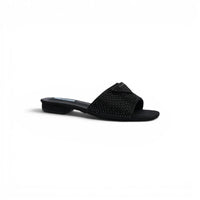 Prada Satin Crystal Logo Slide Embellished Sandals Woman 5566 Black