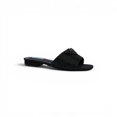 Prada Satin Crystal Logo Slide Embellished Sandals Woman 5566 Black