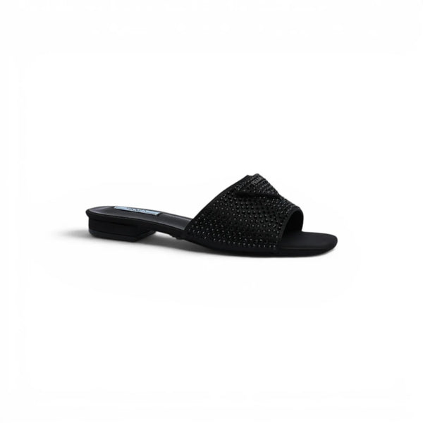 Prada Satin Crystal Logo Slide Embellished Sandals Woman 5566 Black