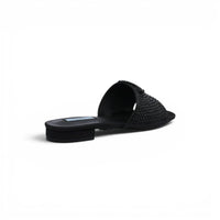 Prada Satin Crystal Logo Slide Embellished Sandals Woman 5566 Black