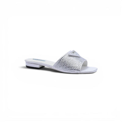 Prada Satin Crystal Logo Slide Embellished Sandals Woman 5566 Silver