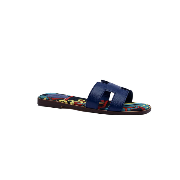 Hermes Leather Oran Flat Slide Sandals Woman H38-30 Blue