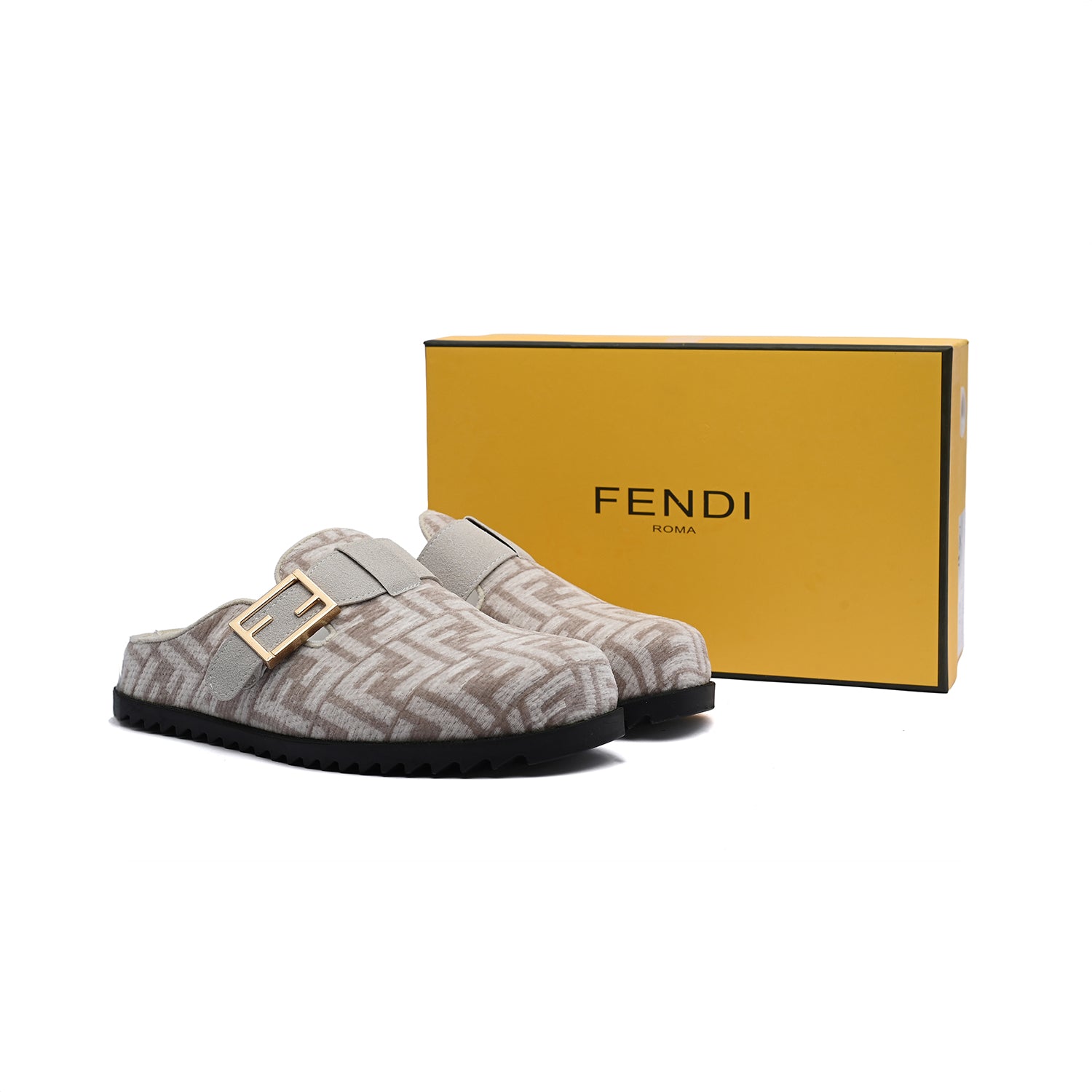 Fendi Fabric Jacquard Nappa FF Sabot Mules Feel Slippers Woman 985-2 Beige