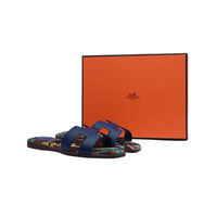 Hermes Leather Oran Flat Slide Sandals Woman H38-30 Blue