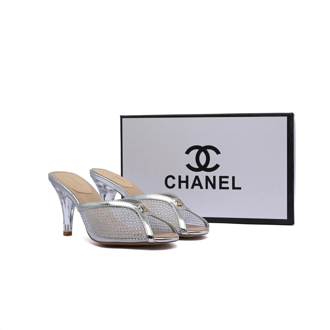 Chanel Crystal Embellished Open Toe Heels With Rhinestones And Clear 898-5 Silver