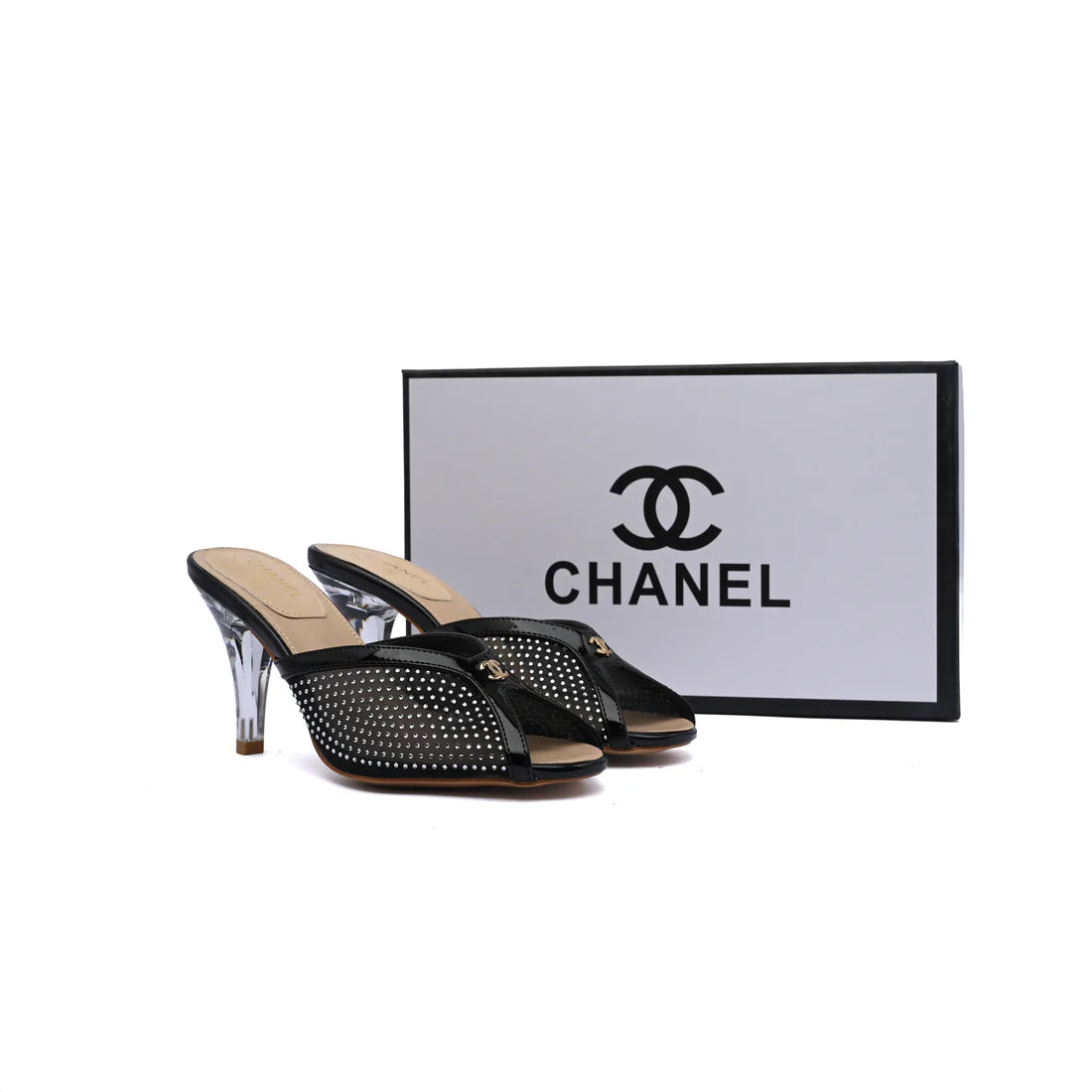 Chanel Crystal Embellished Open Toe Heels With Rhinestones And Clear 898-5 Black