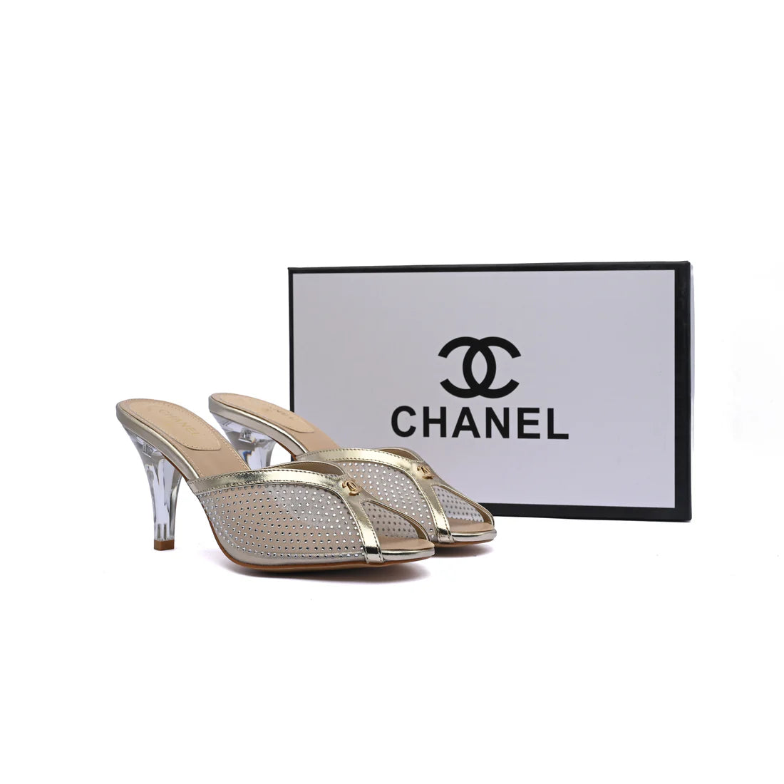Chanel Crystal Embellished Open Toe Heels With Rhinestones And Clear 898-5 Gold