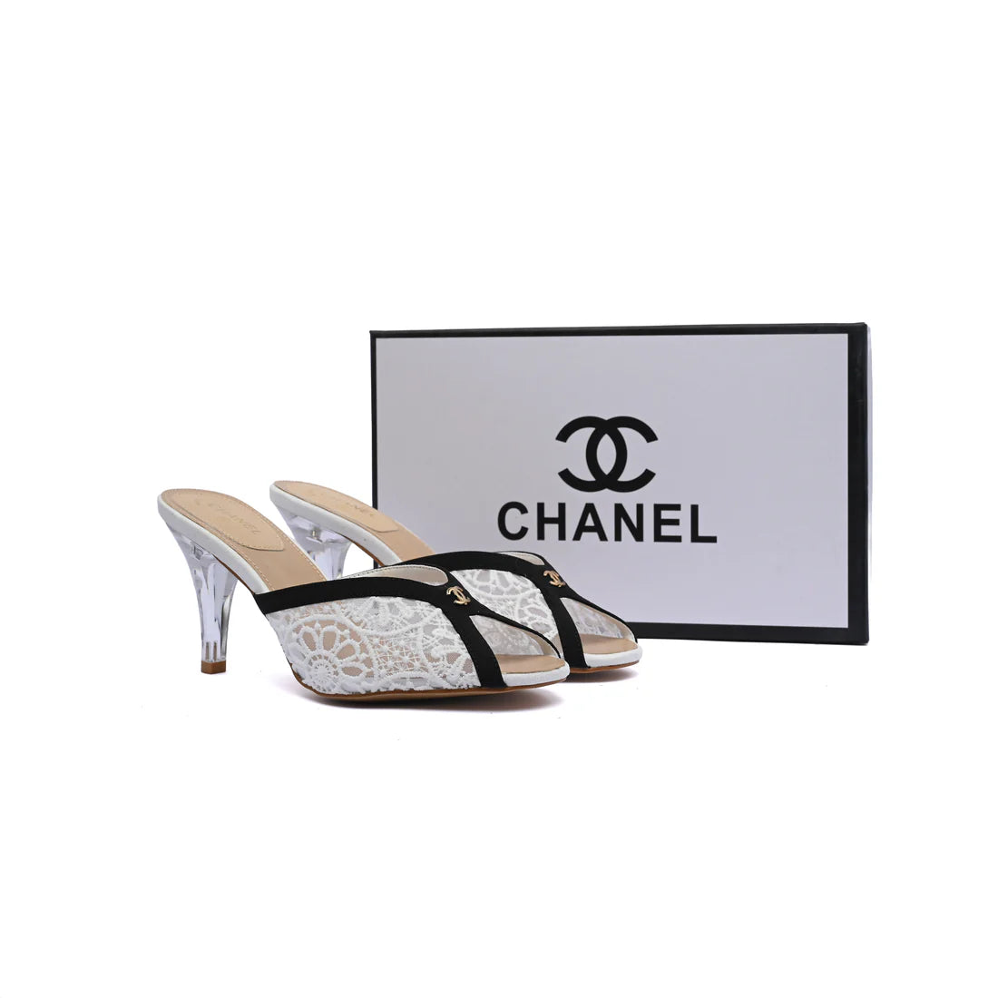 Chanel Designer Slide Chunky Block Heel Sandal with Woman 898-6 White