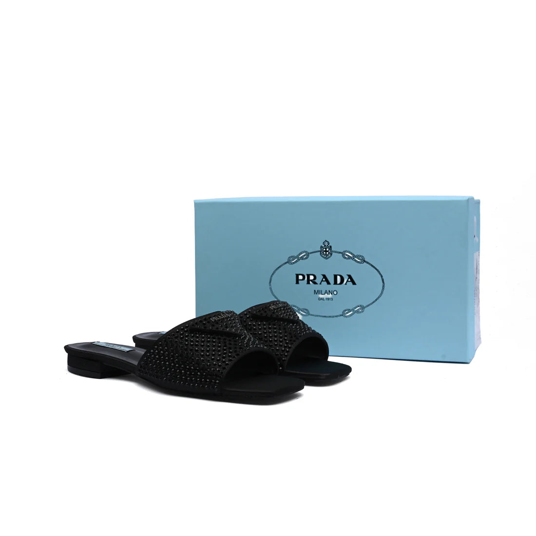 Prada Satin Crystal Logo Slide Embellished Sandals Woman 5566 Black