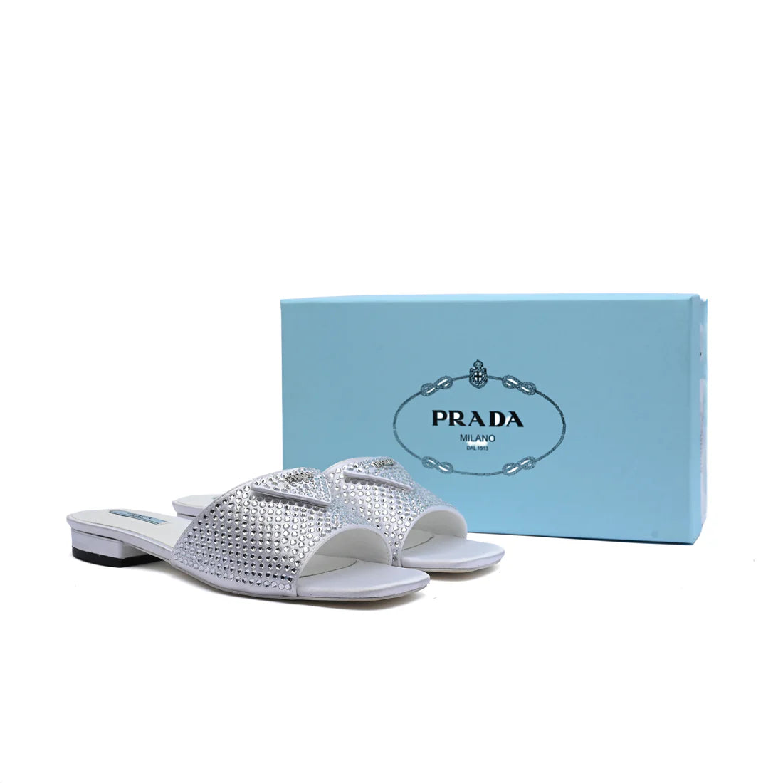 Prada Satin Crystal Logo Slide Embellished Sandals Woman 5566 Silver
