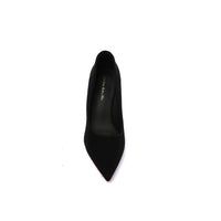 Faux Suede Pointed Stiletto Heel Shoes decorated With Crystals From Behind Woman 25275 Black