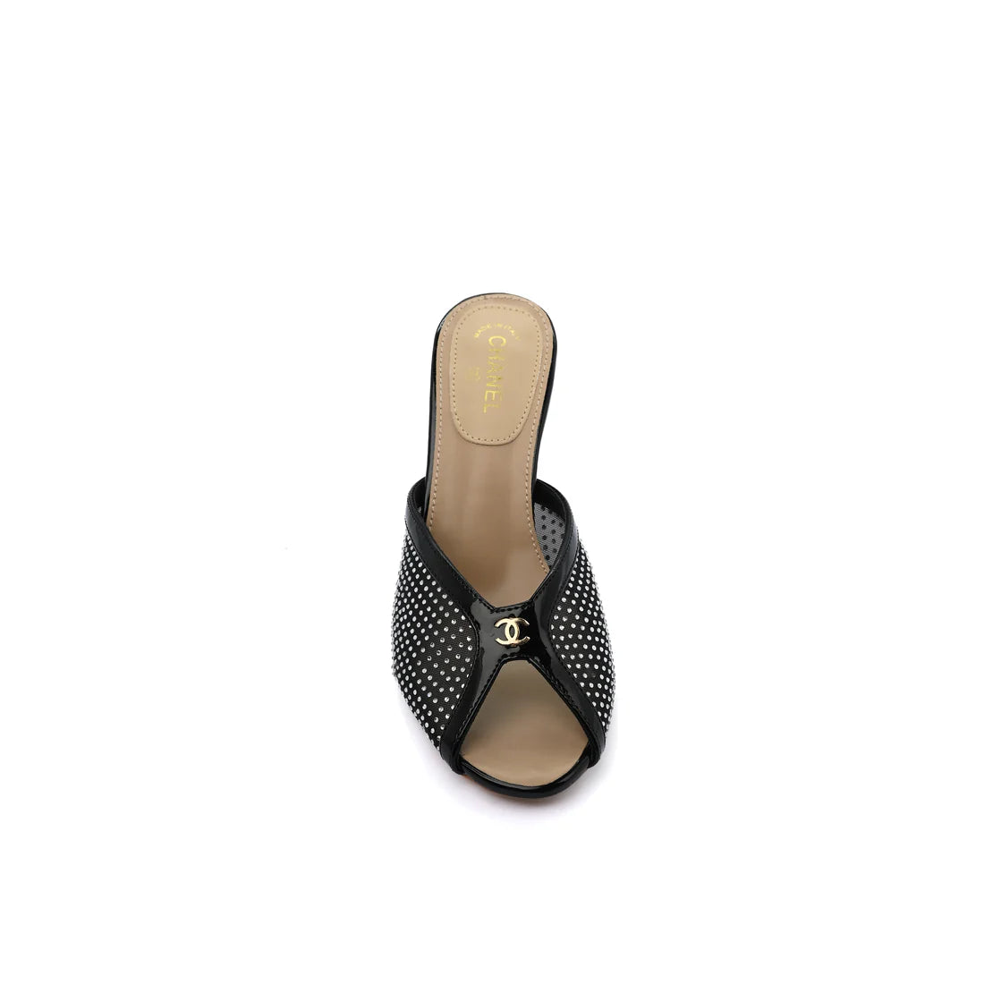 Chanel Crystal Embellished Open Toe Heels With Rhinestones And Clear 898-5 Black