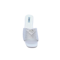 Prada Satin Crystal Logo Slide Embellished Sandals Woman 5566 Silver