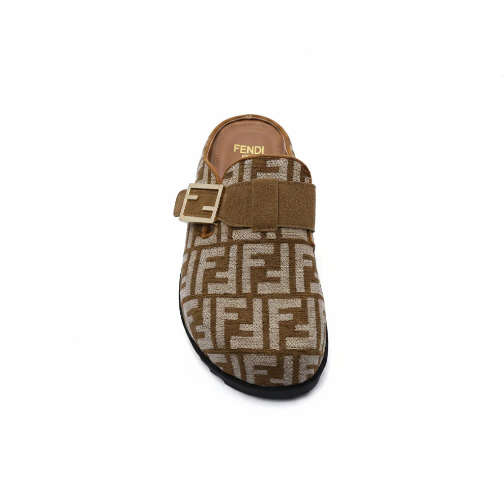 Fendi Fabric Jacquard Nappa FF Sabot Mules Feel Slippers Woman 985-2 Khaki