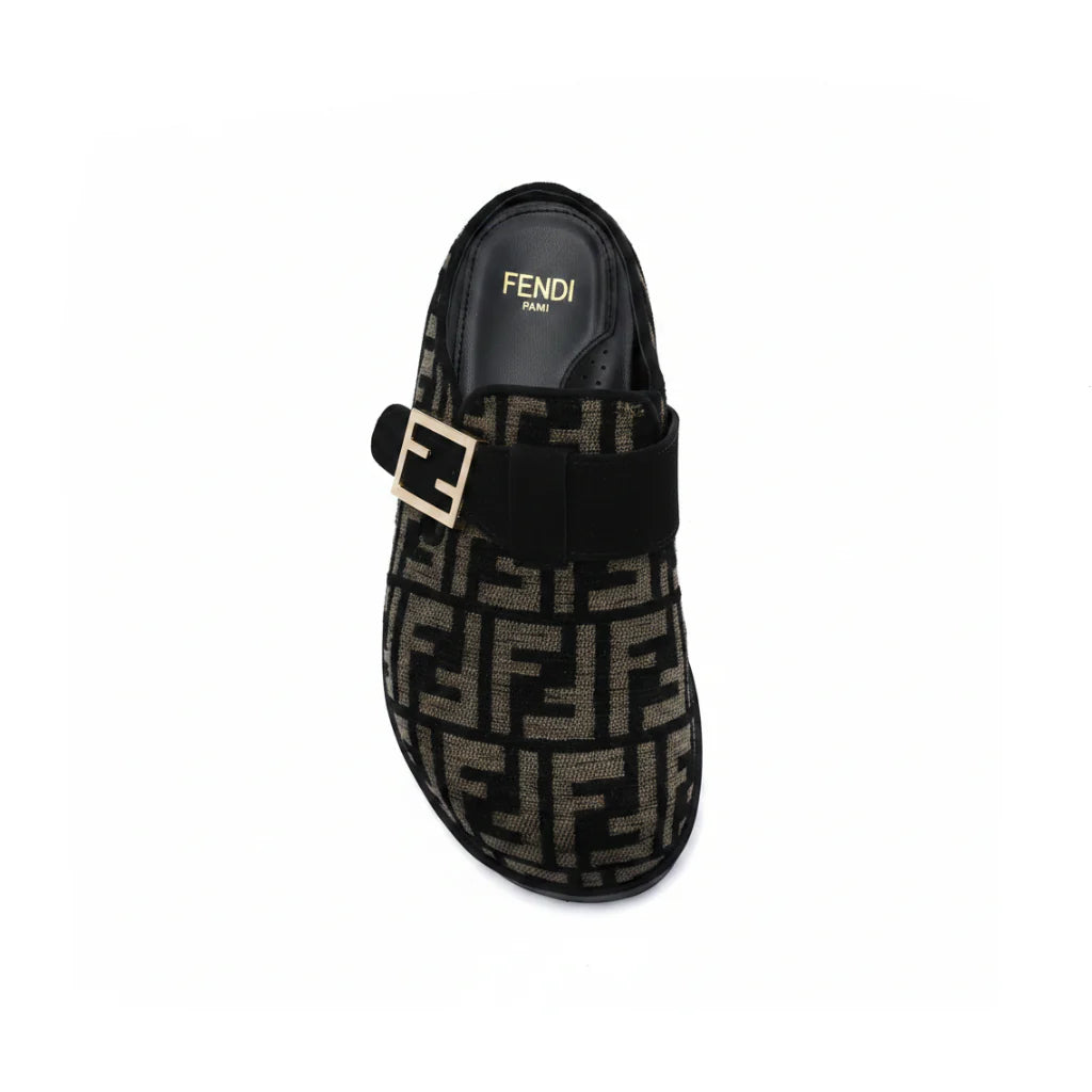 Fendi Fabric Jacquard Nappa FF Sabot Mules Feel Slippers Woman 985-2 Black
