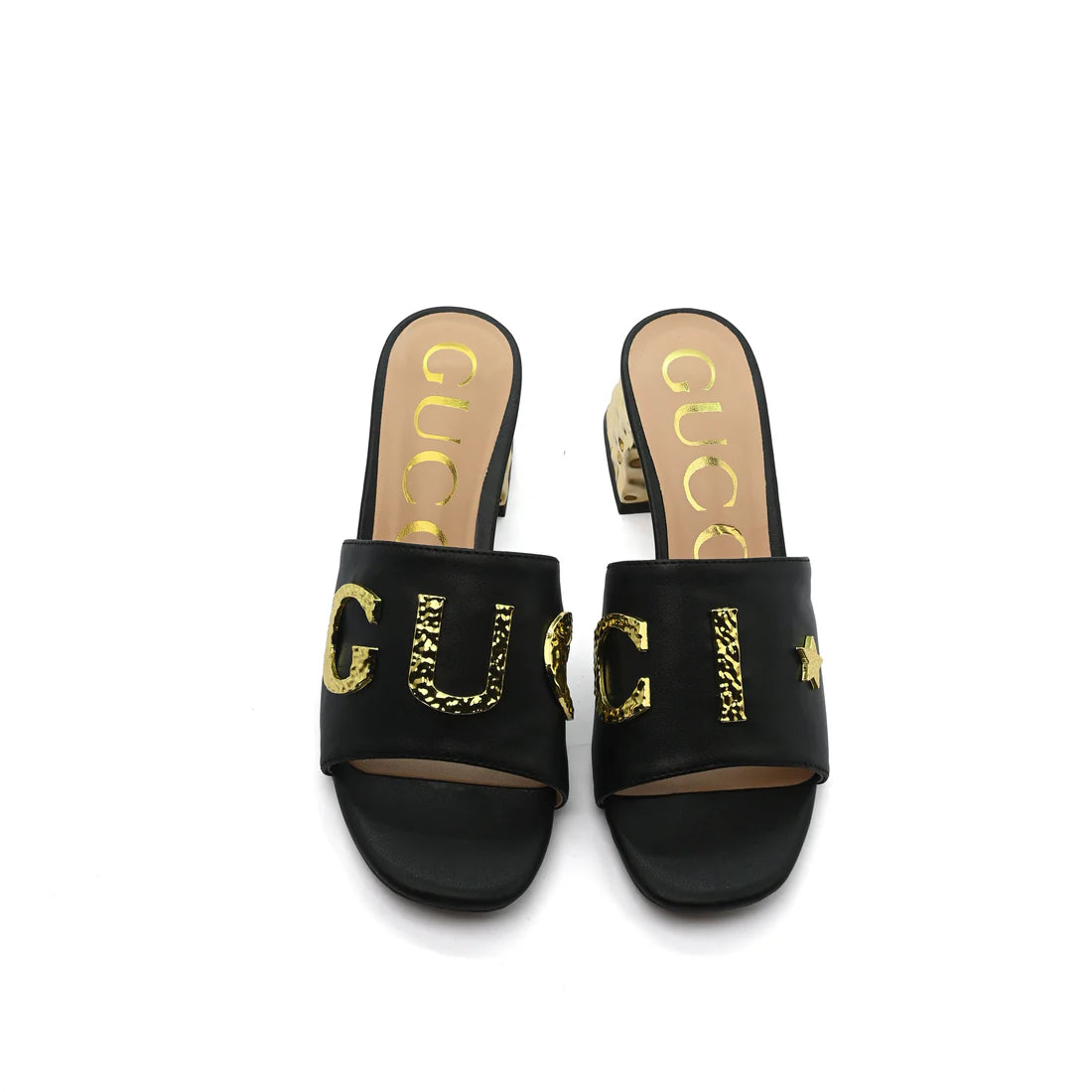 Gucci Logo Leather Flat Gols Sandals Interlocking Out Sandal Woman 666-7 Black