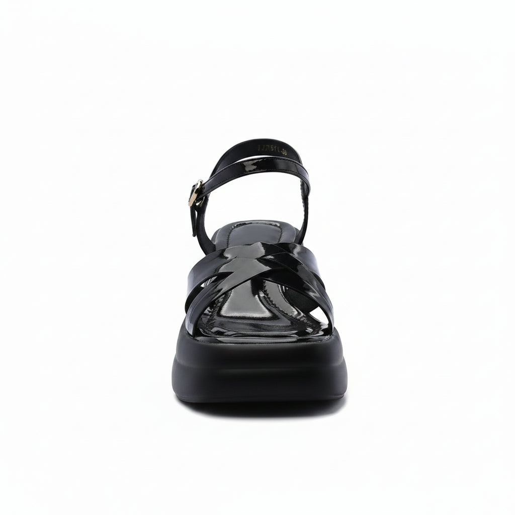 Faux Leather Platform Sole Block Heel Sandals Woman 8888 Black