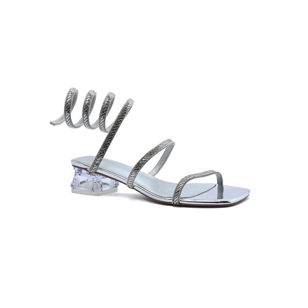Rhinestone Strap Low Heel Sandals Woman 25212 Silver