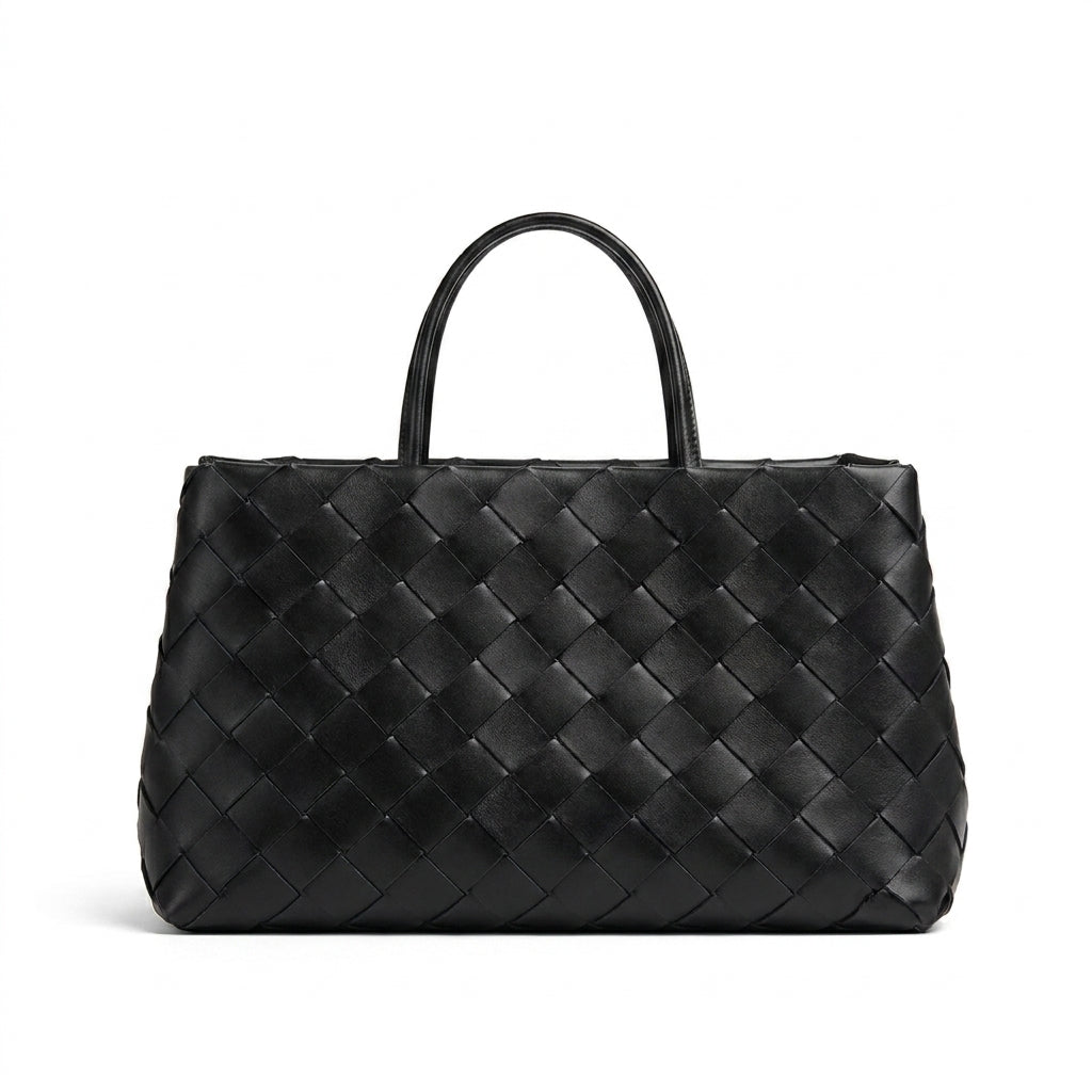 Weaved oil waxed calf leather handle shoulder tote Bag Mirror Length 23 cm - Width 42 cm Woman Y9113 Black
