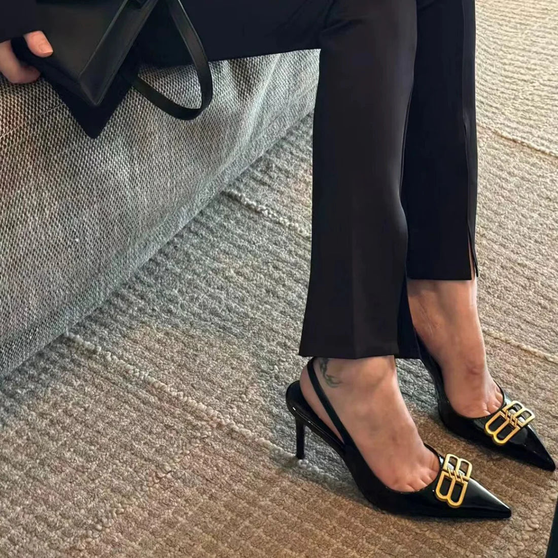 Balenciaga Square Knife BB Slingback Pumps Open Back 8812-5 Black