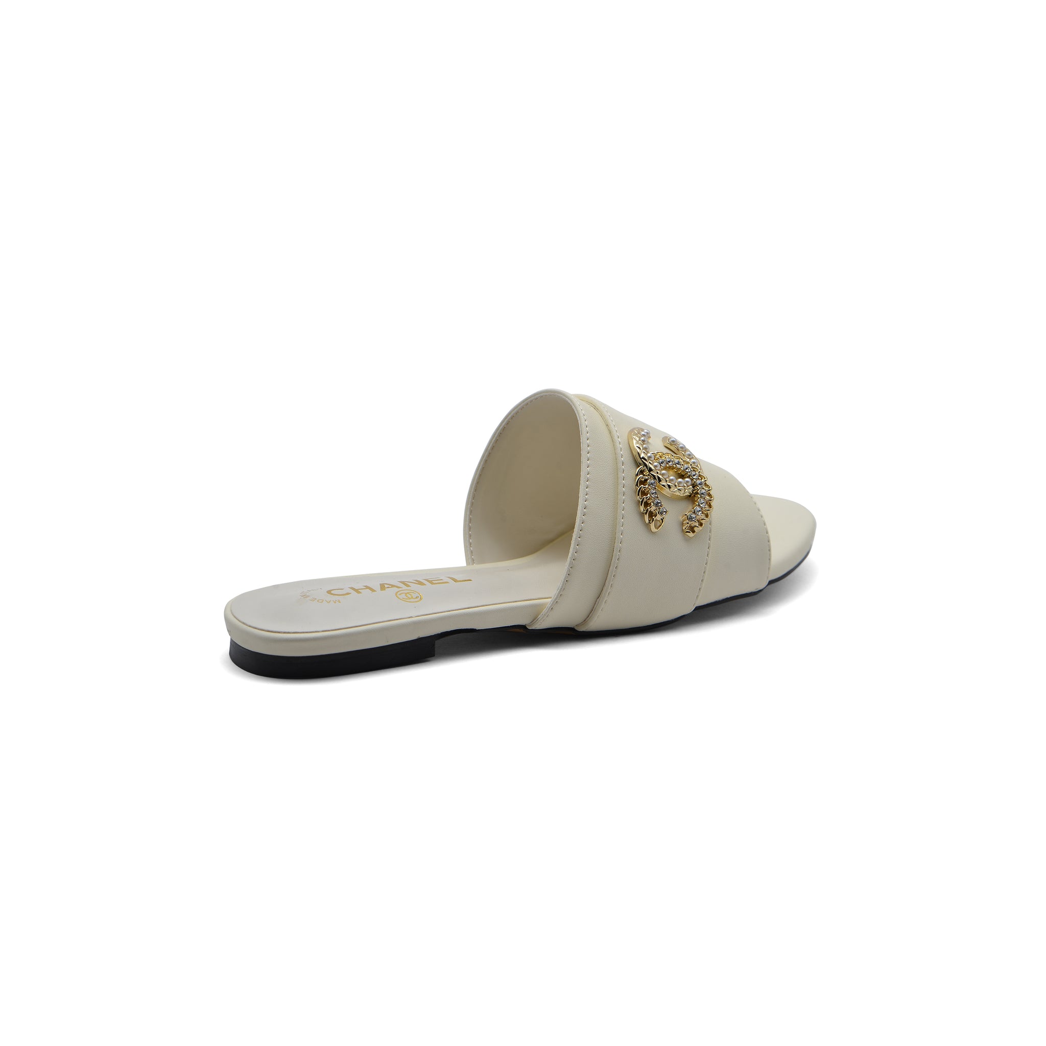Chanel Leather Pearl Crystal CC Logo Slide Mules Ivory Slipper Woman 51156 White