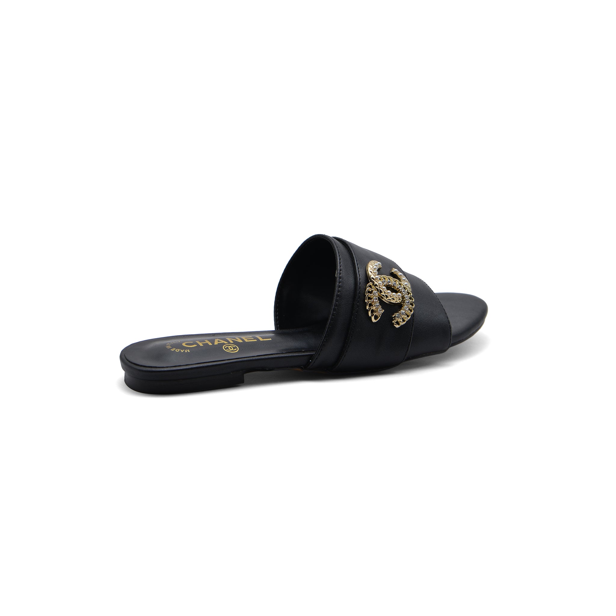 Chanel Leather Pearl Crystal CC Logo Slide Mules Ivory Slipper Woman 51156 Black