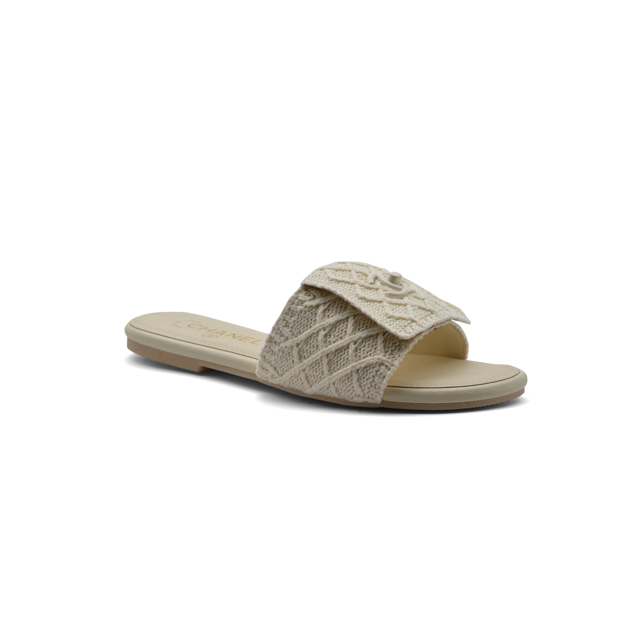 Chanel White Pearl CC Flat Slides Slipper Woman E6545 White
