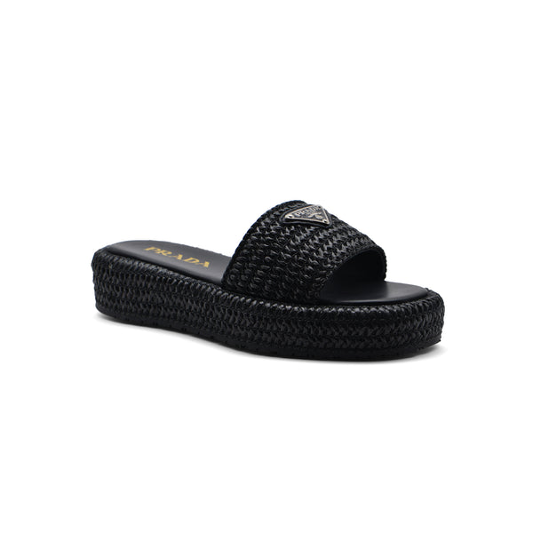 Prada Raffia Printed Espadrilles Crochet Flatform Sandals Woman PA-158 Black