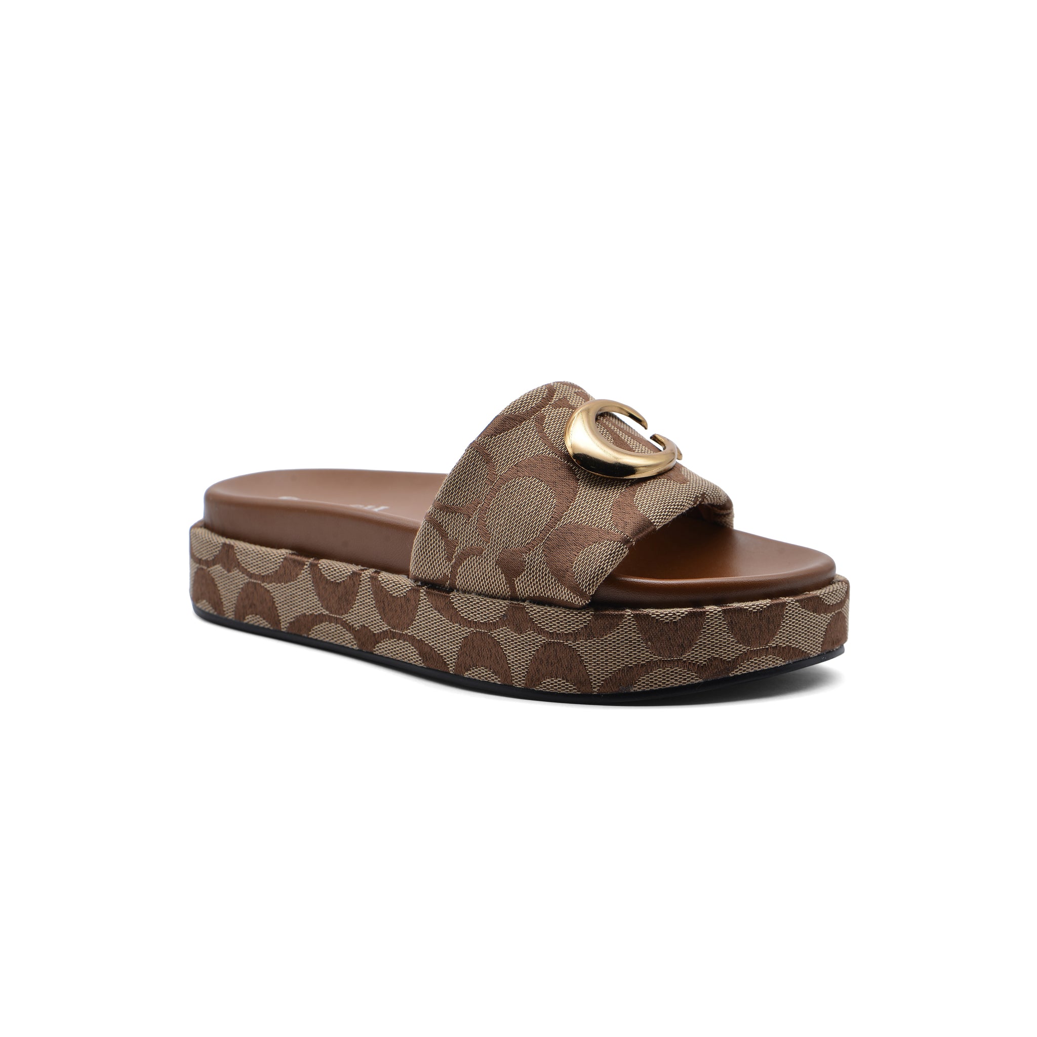 Coach Brand Thick Soled Slippers Logo Print Sandals Leather Women 8109 Brown