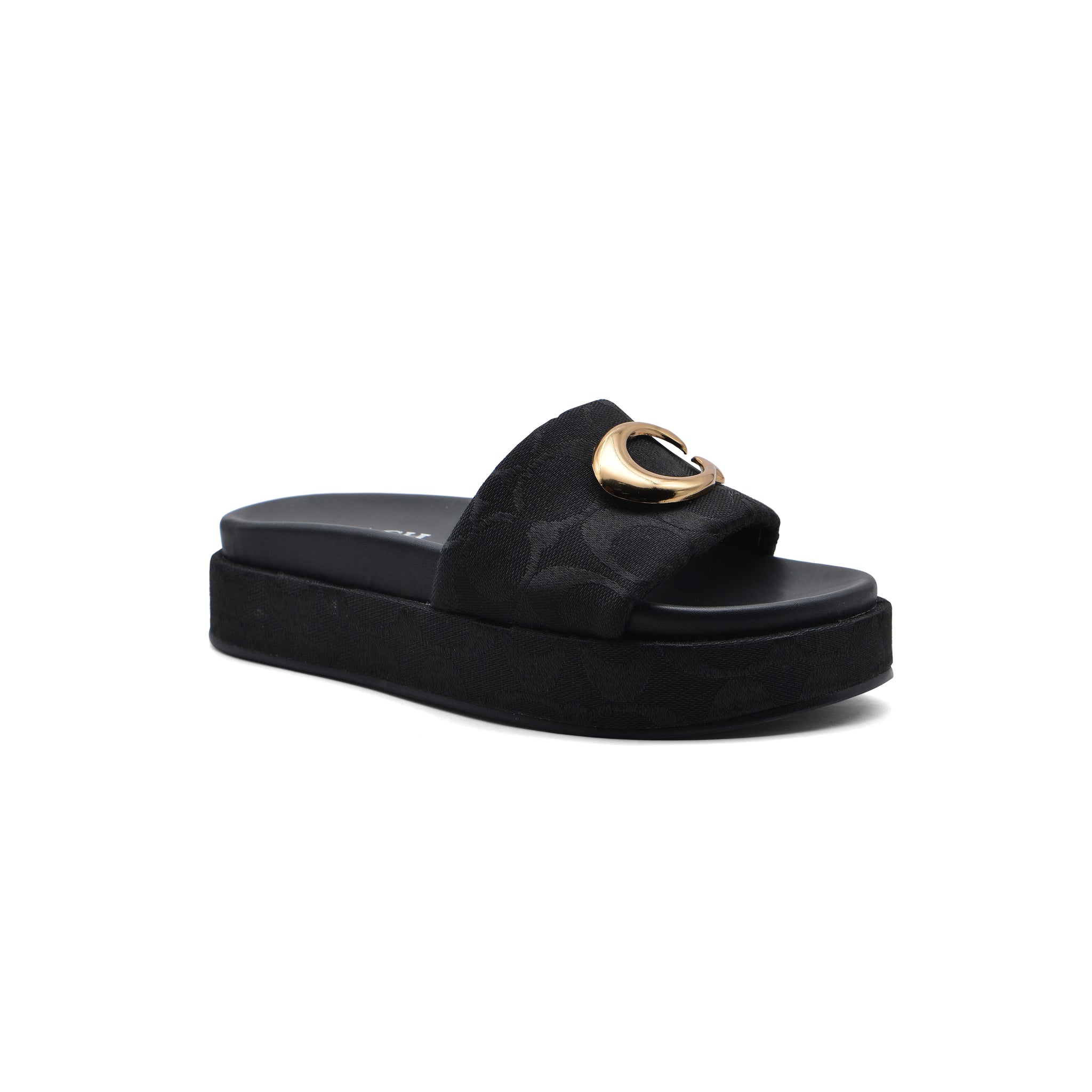 Coach Brand Thick Soled Slippers Logo Print Sandals Leather Women 8109 Black