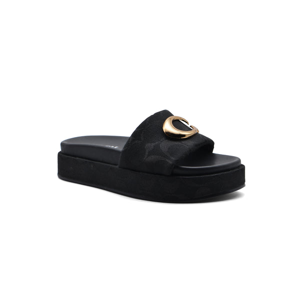 Coach Brand Thick Soled Slippers Logo Print Sandals Leather Women 8109 Black